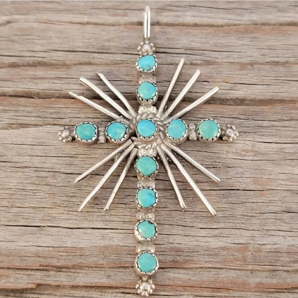 Vintage Sterling Zuni Green Turquoise Light Rays Cross